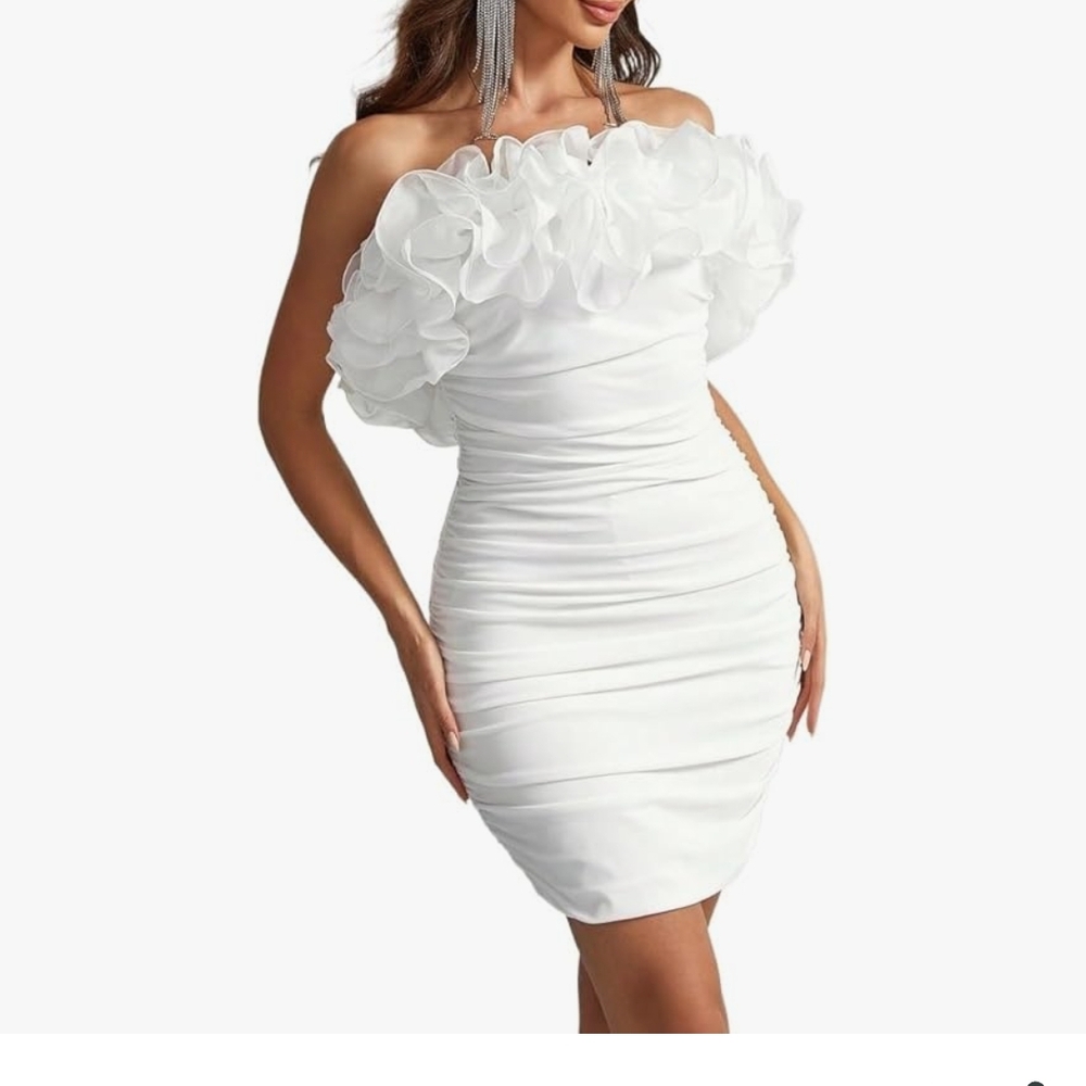 SHEIN White Strapless Ruffle Dress